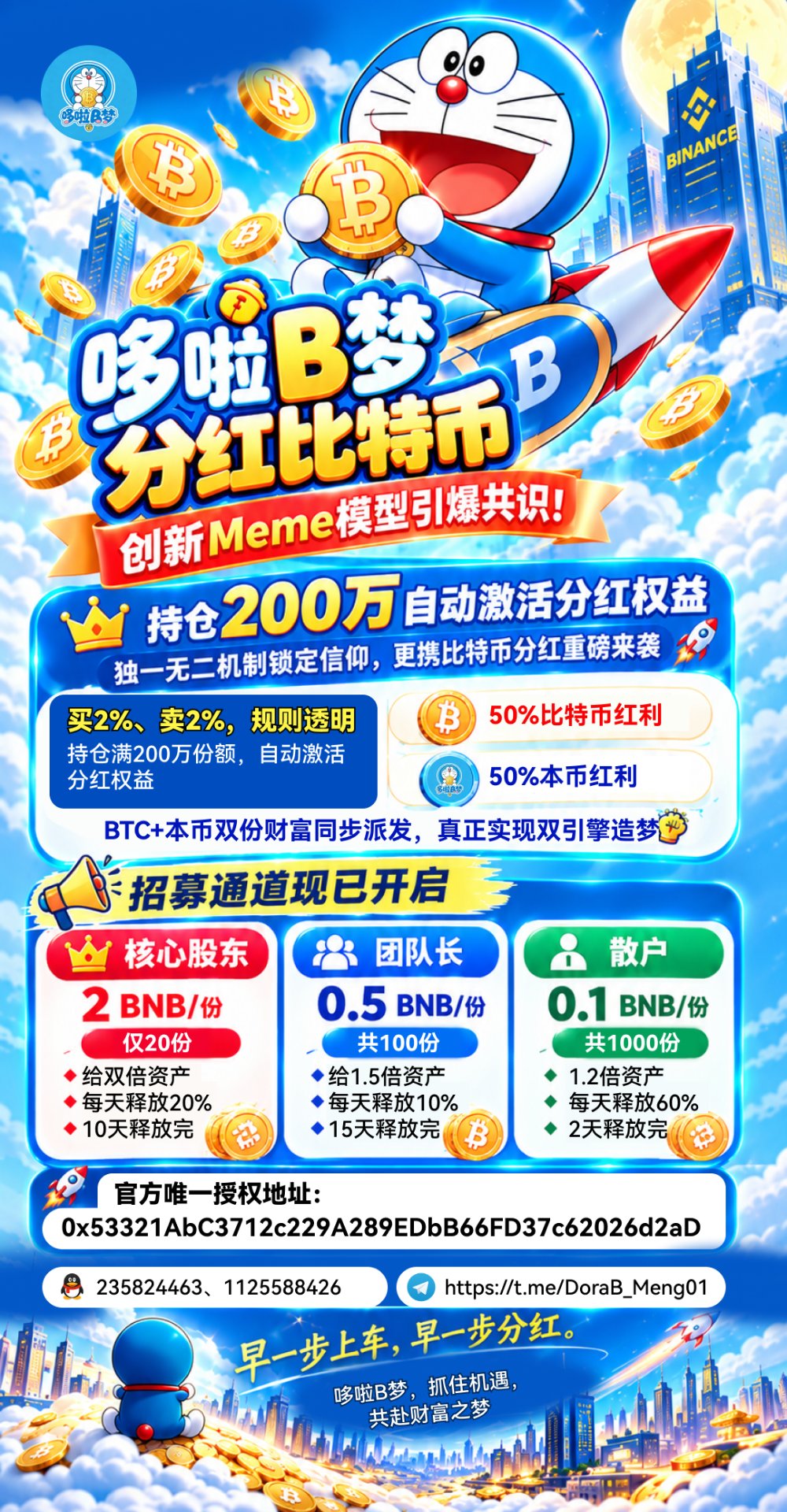 哆啦B梦官方海报 — 分红比特币、核心股东与团队长招募